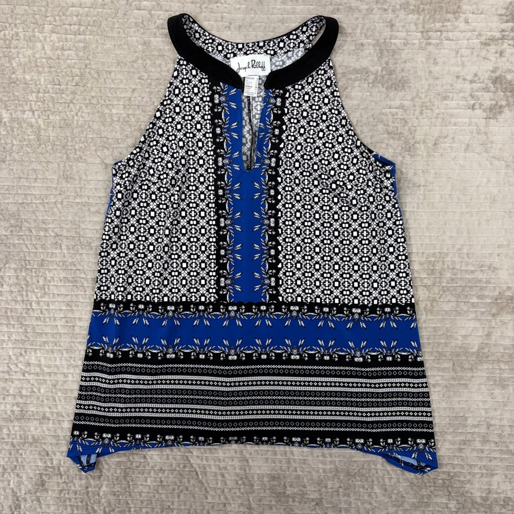 Joseph Ribkoff Blue Black White Geometric Floral Halter Split Neck Top Size 8